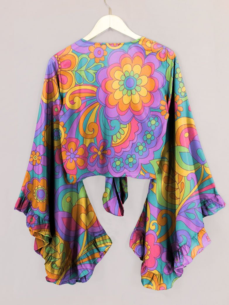 Women's Colorful Hippie Floral Print Bell Sleeve Wrap Top