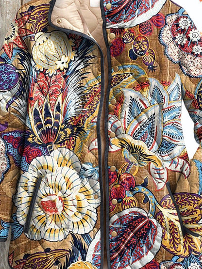 Women's Vintage Floral Art Print Casual Quilted Cardigan