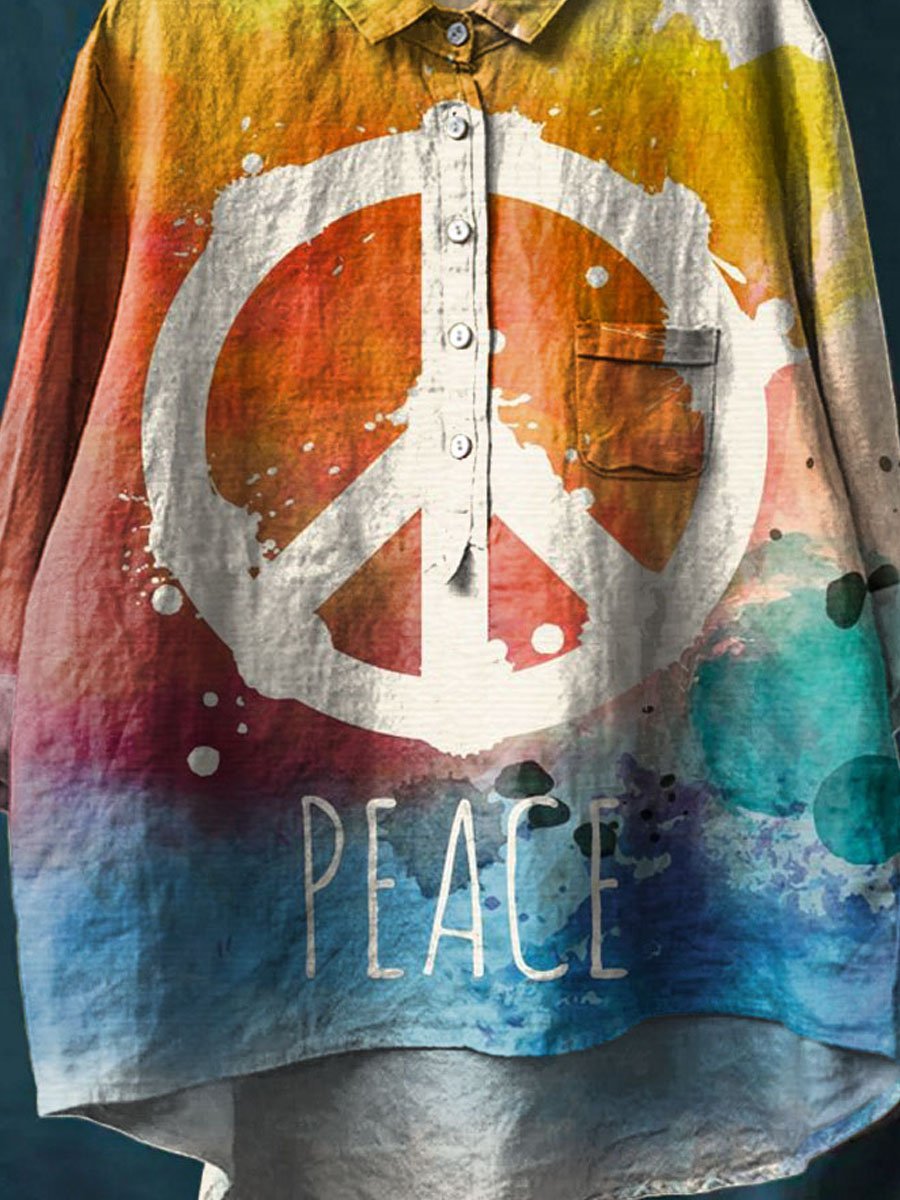 Vintage Love And Peace Art Print Casual Cotton And Linen Shirt