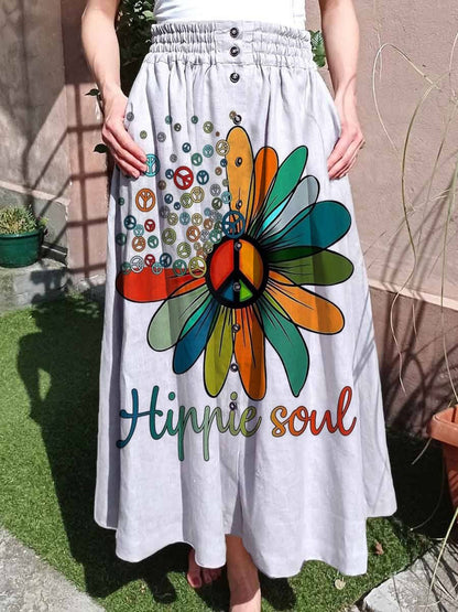 Women's Hippie Soul Print Linen Pocket Skirt