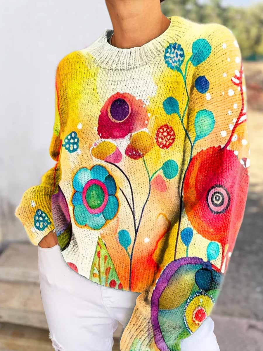 Women's Colorful Watercolor Flower Casual V-neck Pullover Knitted Sweater