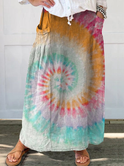 Women's Colorful Retro Tie Dye Print Linen Pocket Skirt