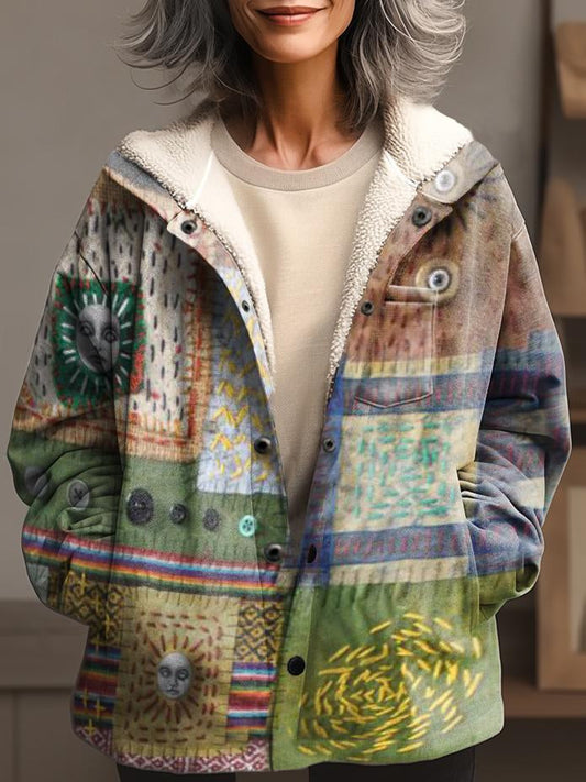 Women's Patchwork Pattern Print Waffle Plush Thick Long-Sleeved Hooded Coat