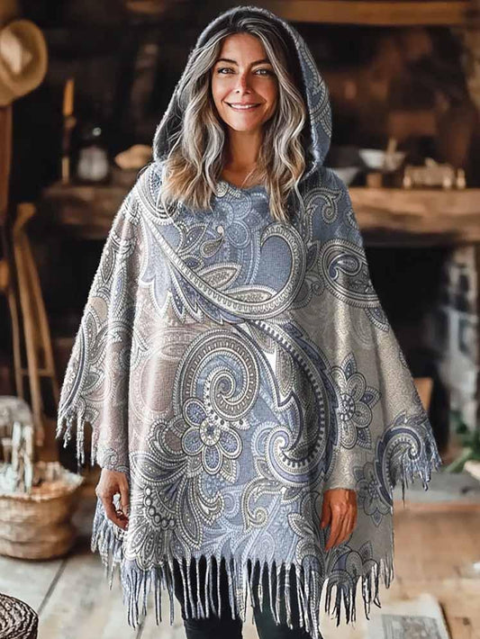 Women's Boho National Paisley Art Pattern Casual Knitted Blanket Poncho Hood Cape