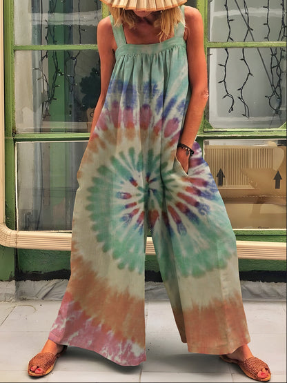 Women's Retro Washed Colorful Tie Dye Hippie Printed Casual Overalls Jumpsuit