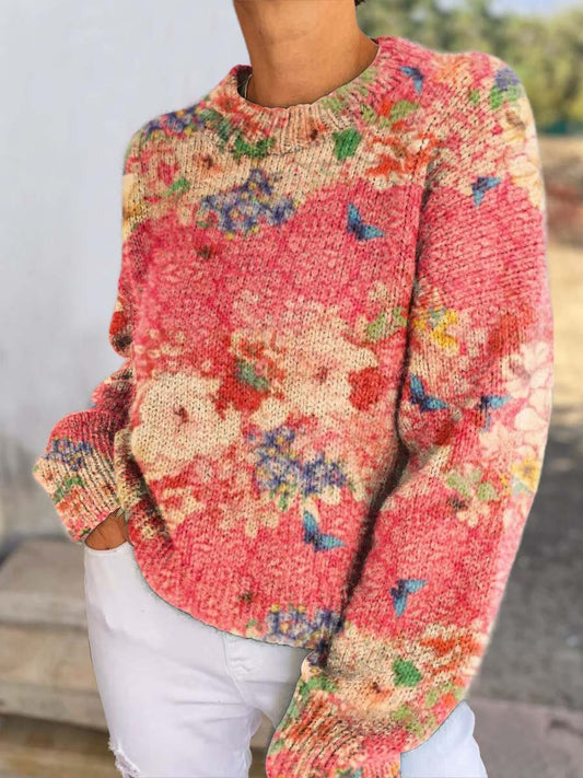 Women's Floral Butterfly Casual V Neck Pullover Sweater