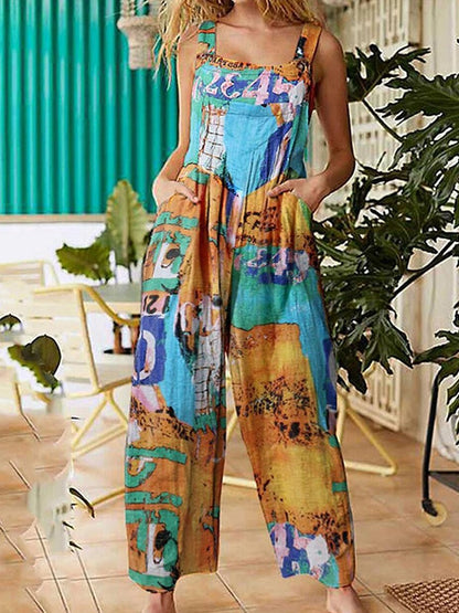 Floral Pattern Hippie Art Print Casual 100% Cotton Wide Leg Jumpsuit