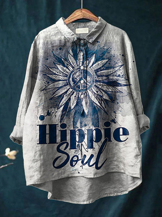 Women's Hippie Soul Sunflower Print Cotton And Linen Shirt