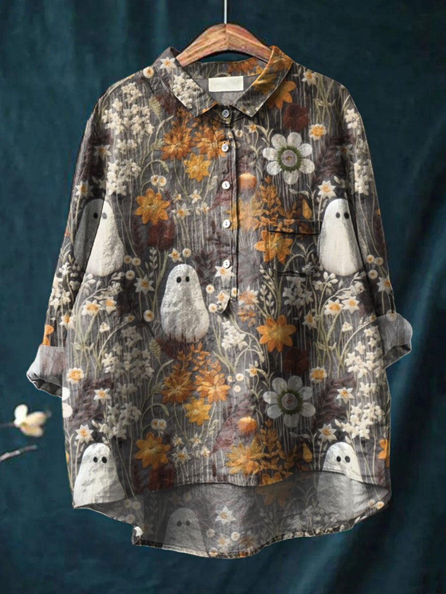 Women's Spooky Cute Ghosts Moonlit Garden Print Cotton And Linen Shirt