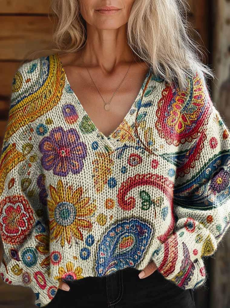 Women's Retro Paisley Art Casual V-Neck Knit Sweater