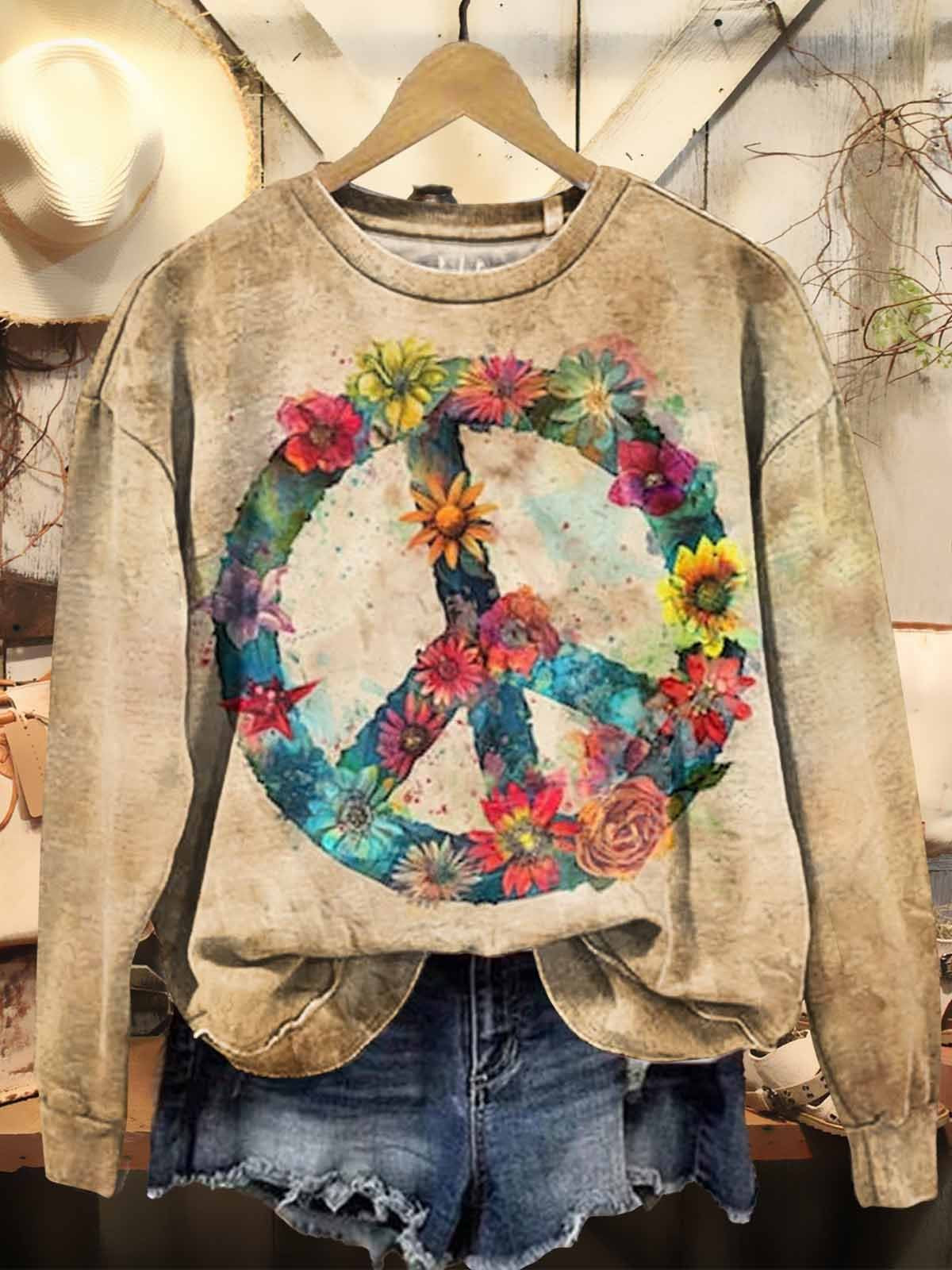 Women's Bohemian Retro Hippie Floral Print Casual Sweatshirt