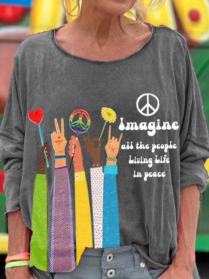 Women's Imagine All The People Living Life In Peace Art Pattern Print T-shirt