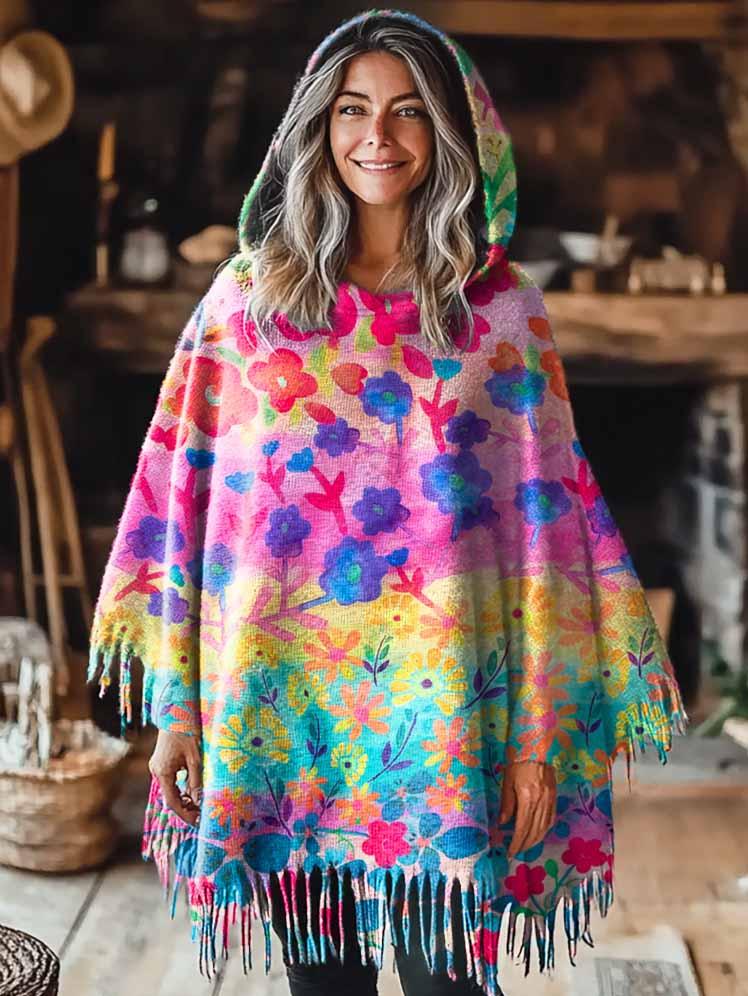 Women's Colorful Flower Art Pattern Casual Knitted Blanket Poncho Hood Cape