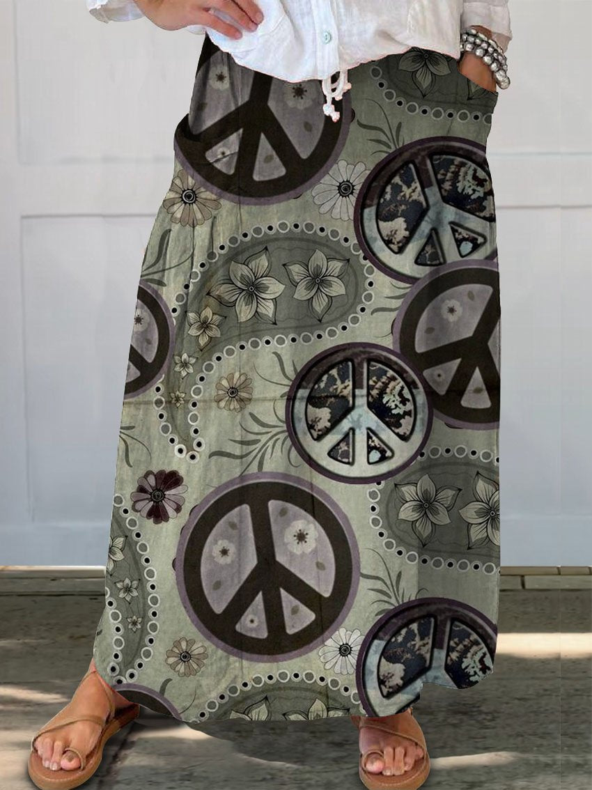 Women's Retro Hippie Print Linen Pocket Skirt