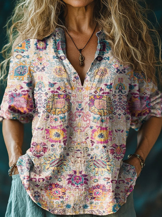 Women's Retro Floral Print Casual Linen V-neck Shirt