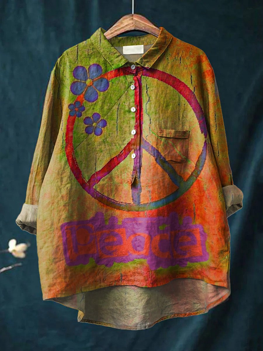 Women's Rainbow Color Retro Gradient Peace Sign Print Casual Cotton And Linen Shirt