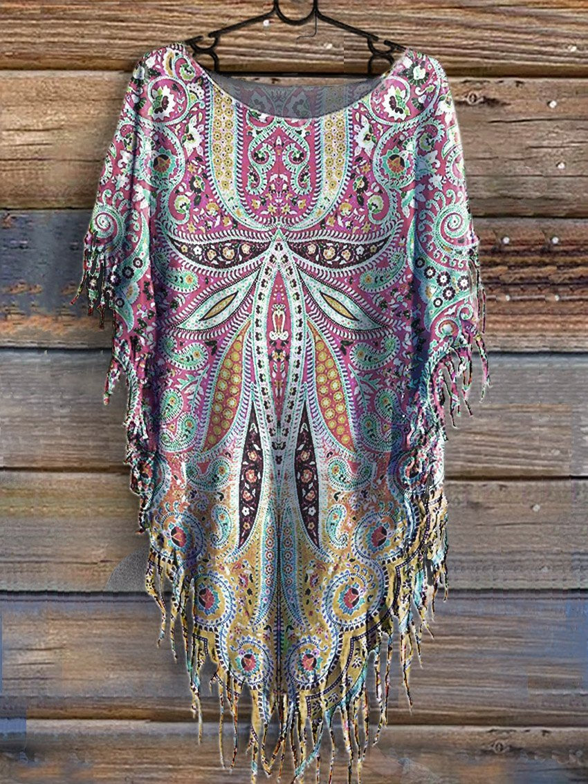 Women's Retro Floral Print Punk Hippie Batwing Tussle Fringes Poncho Dress