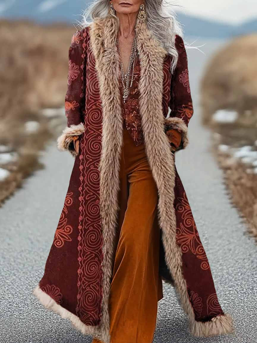 Women's Ethnic Art Print Fur Patchwork Suede Afghan Coat