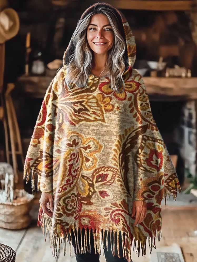 Women's Vintage Ethnic Art Pattern Casual Knitted Blanket Poncho Hood Cape