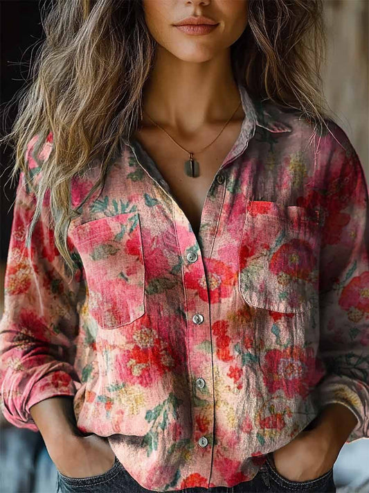 Women's Pink Floral Gradient Pattern Casual Long Sleeve Comfortable Cotton Shirt