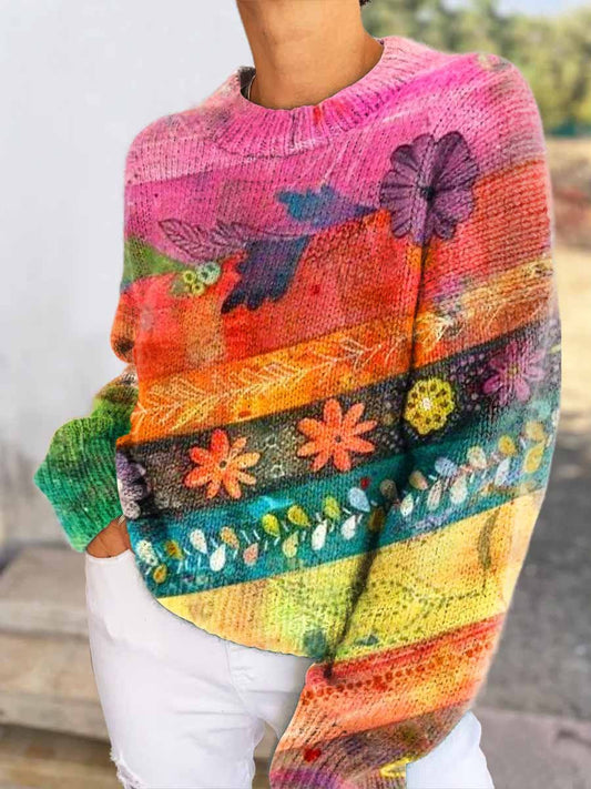 Women's Boho Retro Rainbow Stripes Patchwork Art Casual V-neck Pullover Knitted Sweater