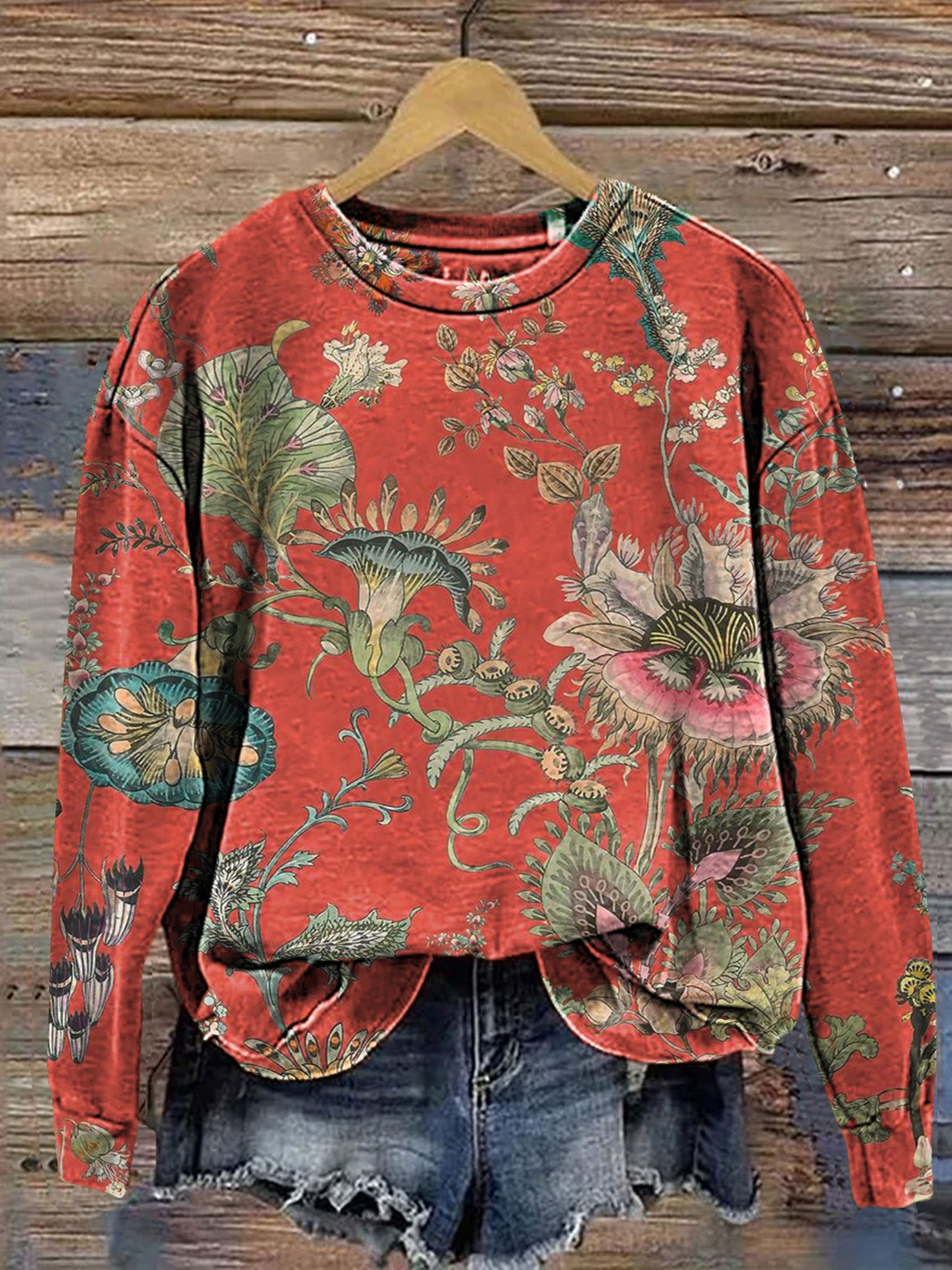 Vintage Flowers Print Casual Pullover Sweater main image 1