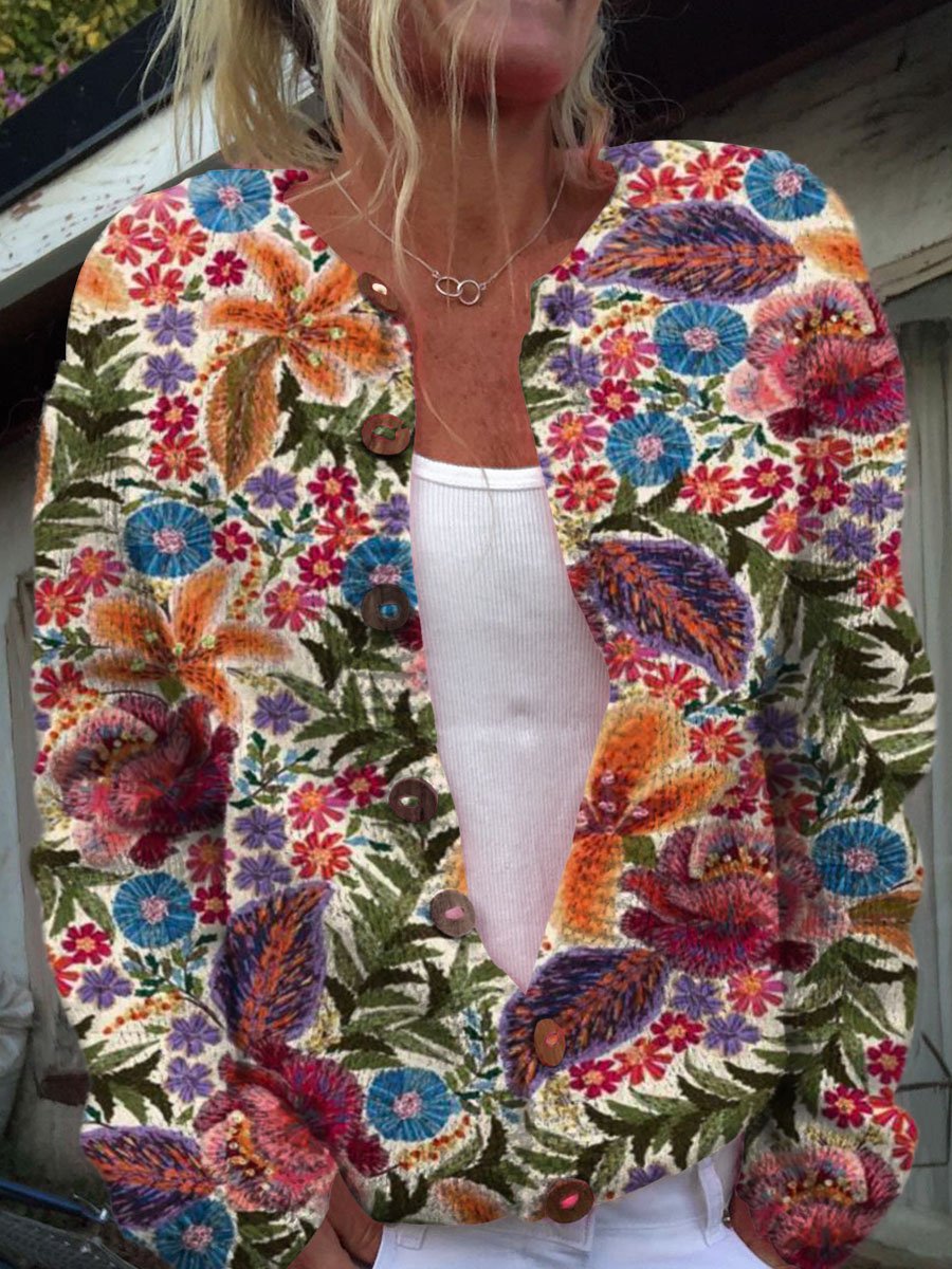 Women's Bright Floral Art Print Button Cardigan