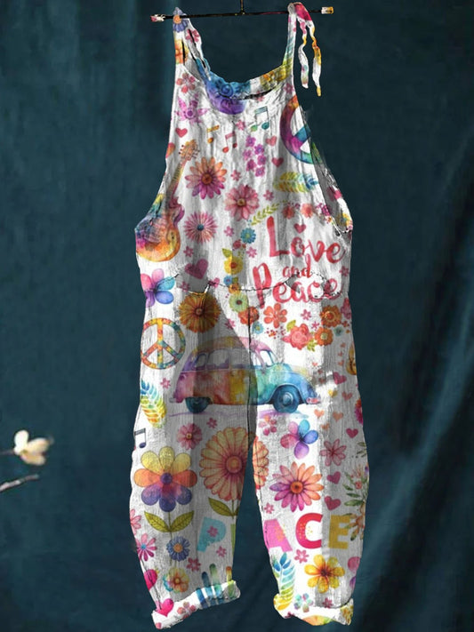 Women's Back Into The Seventies Flower Power Print Casual 100% Cotton Wide Leg Jumpsuit