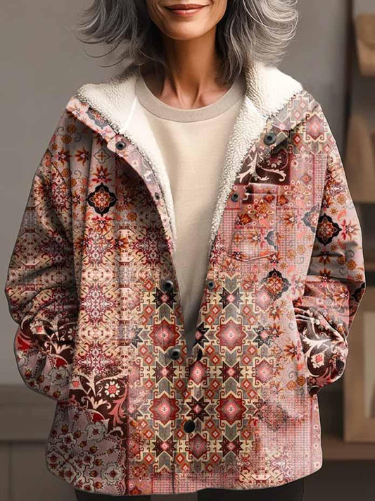 Women's Folk Art Prints Waffle Plush Thick Long-Sleeved Hooded Coat