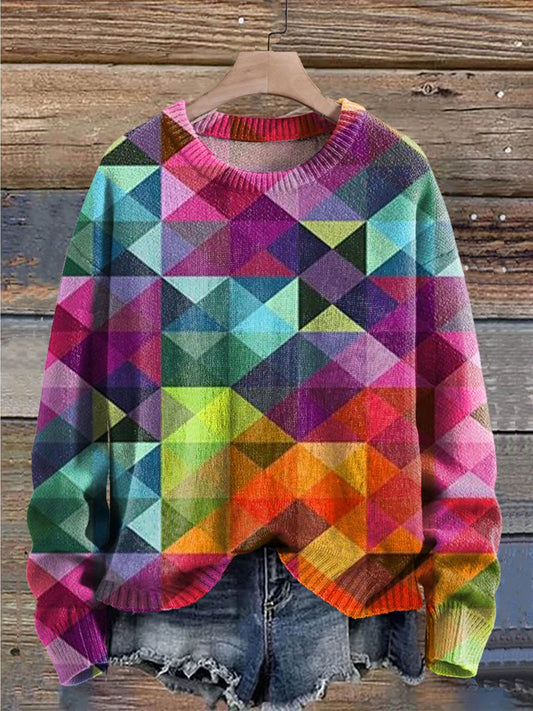 Colorful Square Print Knit Pullover Sweater