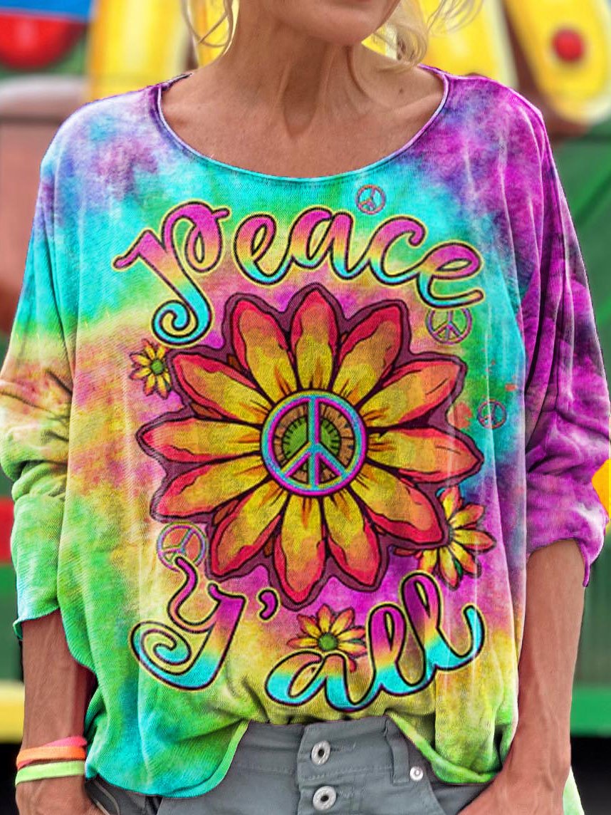 Peace Y'all Sunflower Tie Dye Print Long Sleeve Top