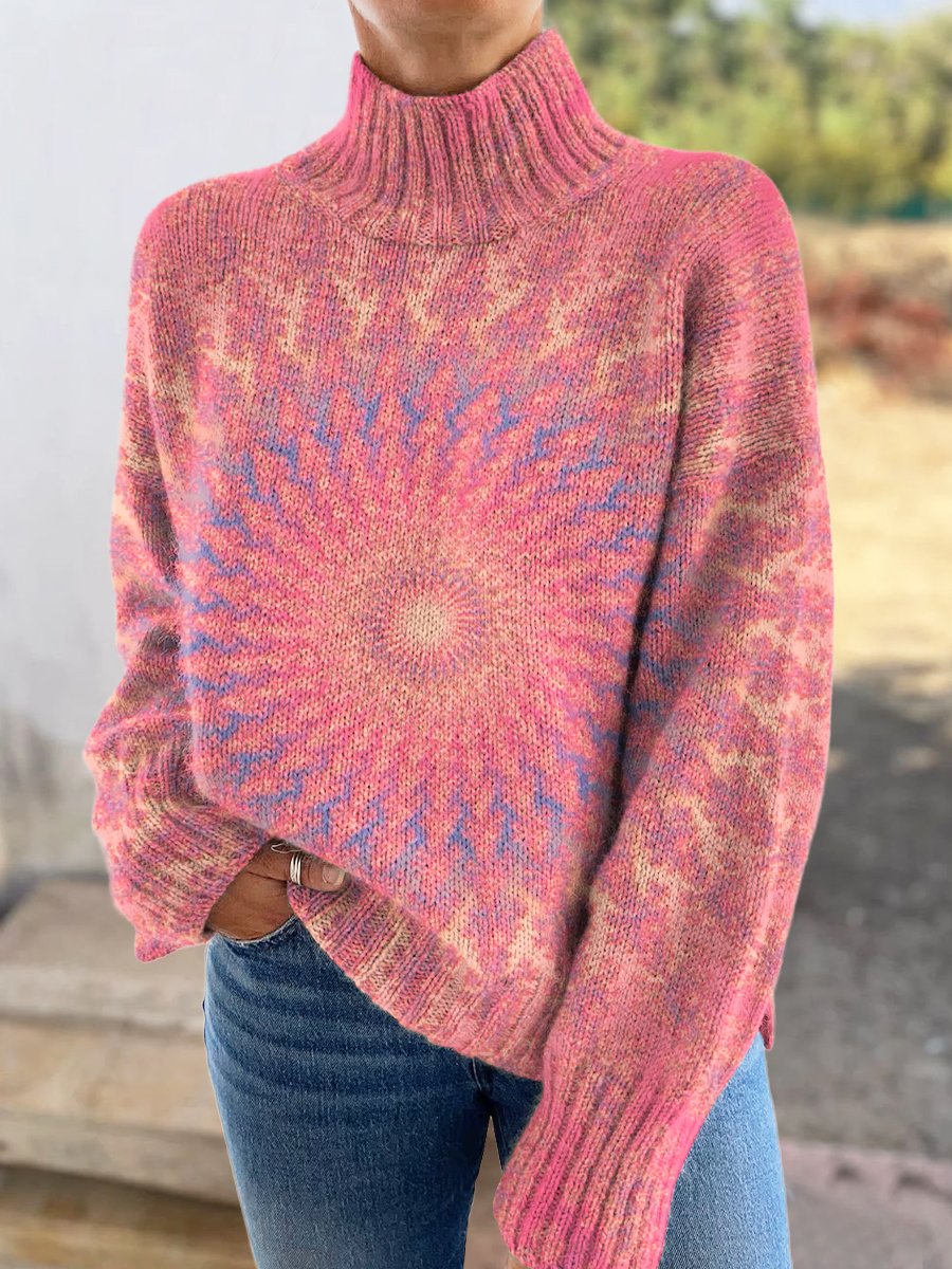 Retro Kaleidoscope Tie Dye Print Knit Turtleneck Pullover Sweater