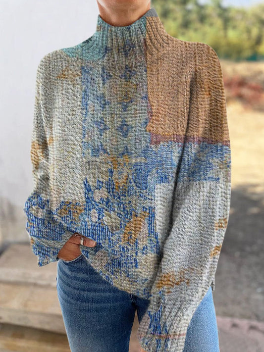 Vintage Patchwork Print Knit Turtleneck Pullover Sweater