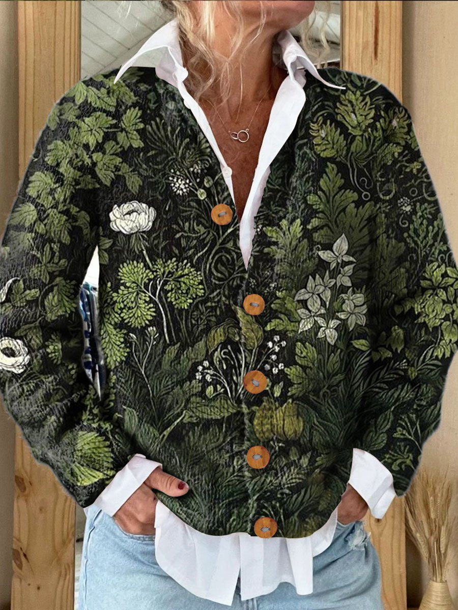 Women's Vintage Leaf Floral Art Print Button Cardigan