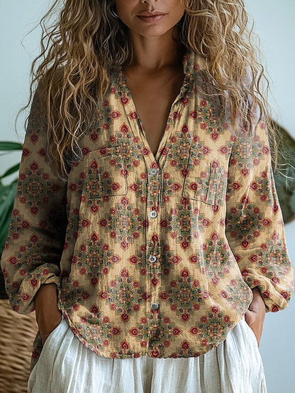 Retro Ethnic Pattern Printed Women's Casual Long Sleeve Comfortable Cotton Shirt