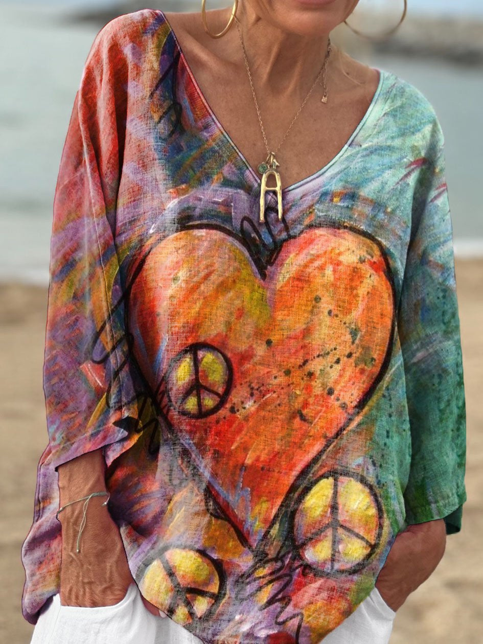 Women's Hippie Heart Print Casual V-neck Long Sleeve Comfortable Cotton T-shirt