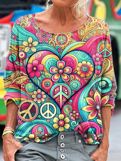 Women's Peace And Love Flower Pattern Art Print T-shirt