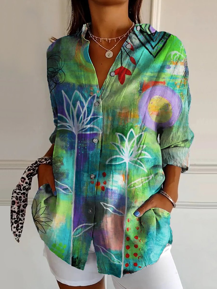 Women's Green Lotus Print Casual Cotton Shirt