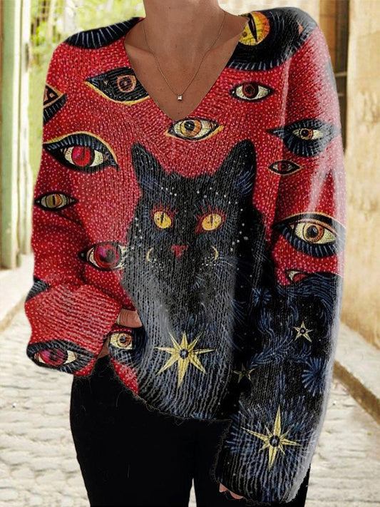 Women's Eye Cat Casual V Neck Pullover Knit Sweater