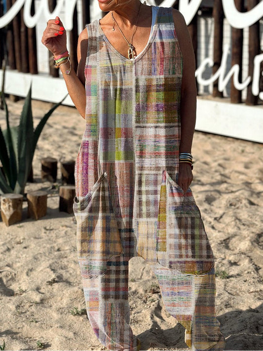 Abstract Pattern Hippie Art Print Casual 100% Cotton Wide Leg Jumpsuit