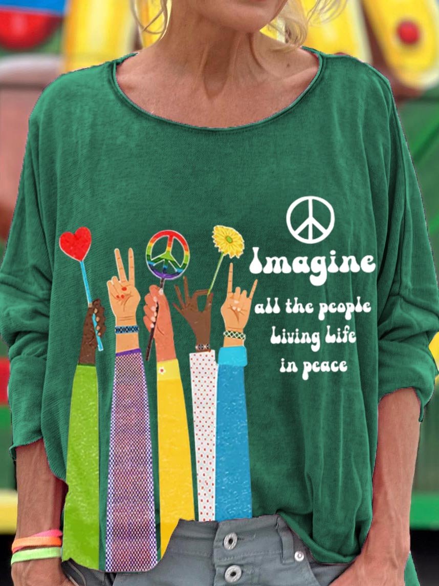 Women's Imagine All The People Living Life In Peace Art Pattern Print T-shirt