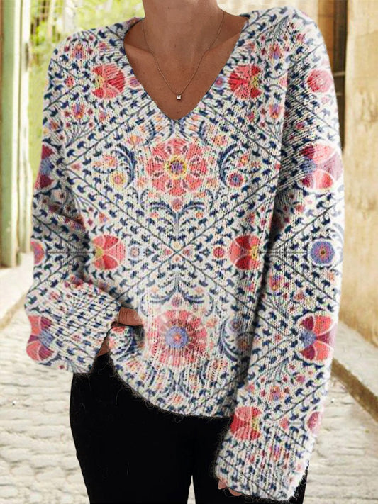 Women's Vintage Floral Casual V Neck Pullover Cardigan Sweater