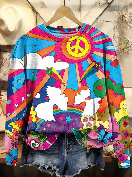 Peace Dove Hippie Pattern Print Casual Sweatshirt