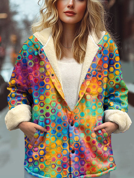 Women's Abstract Geometric Pattern Art Print Waffle Plush Thick Long-Sleeved Hooded Coat