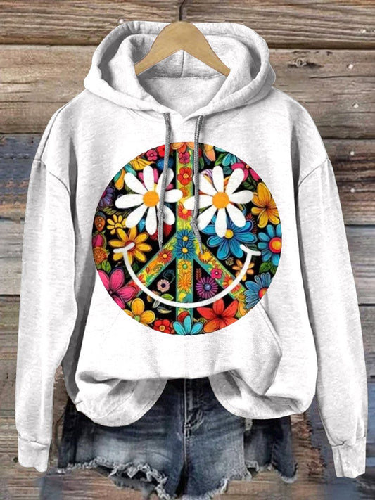 Floral Smiley Face Hippie Print Casual Hoodie Sweatshirt