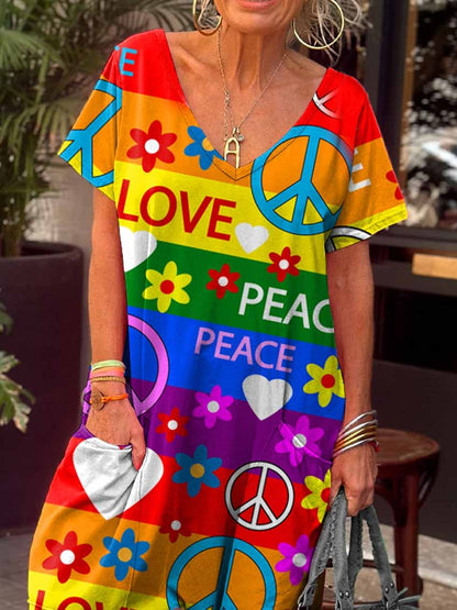 Women's Love Peace Hippie Print Casual 100% Cotton Wide Leg Jumpsuit