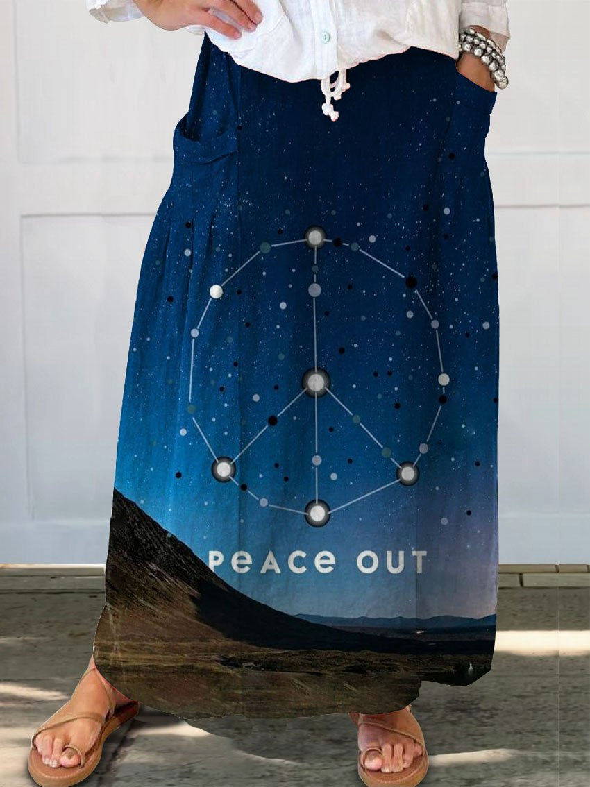 Peace Out Starry Sky Print Linen Pocket Skirt