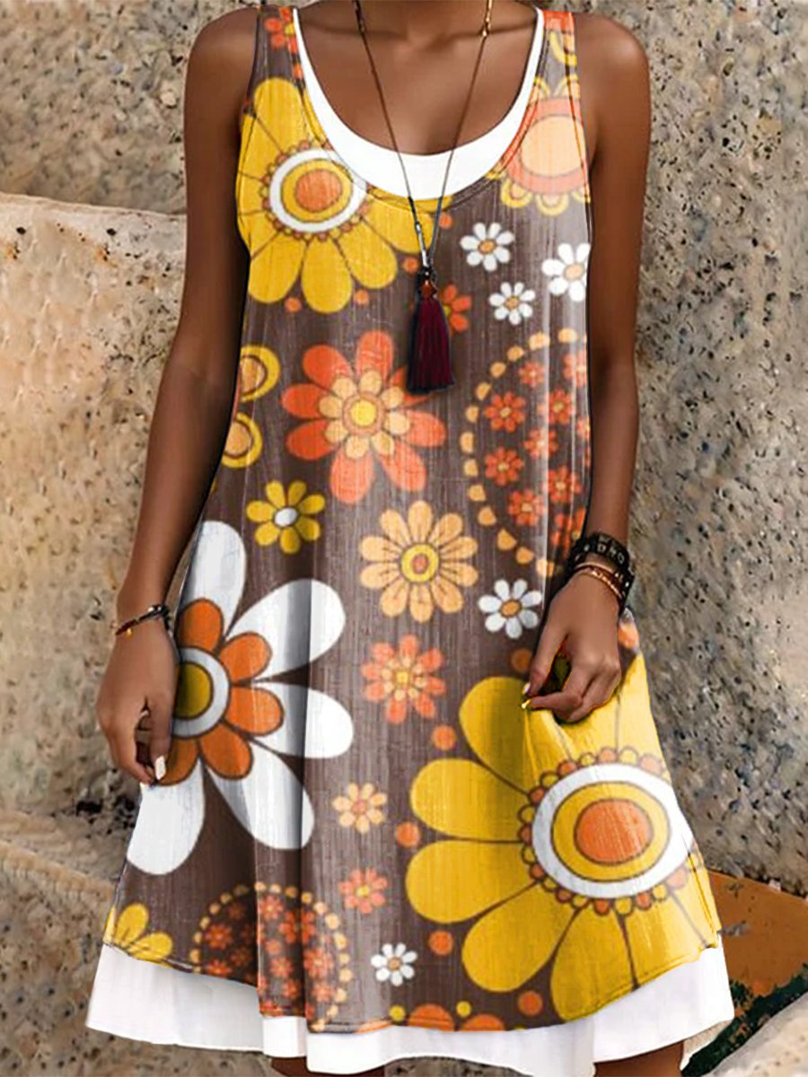 Women's Vacation Casual Loose Splicing Brown Flowers Art Print Dress