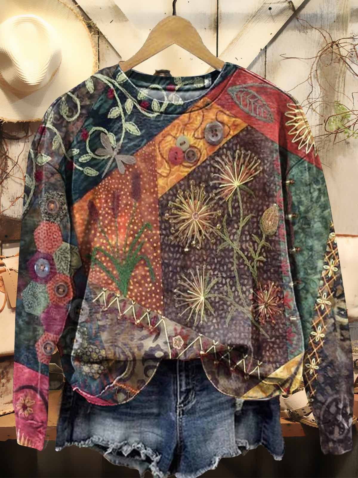 Women's Bohemian Vintage Patchwork Art Print Casual Sweatshirt