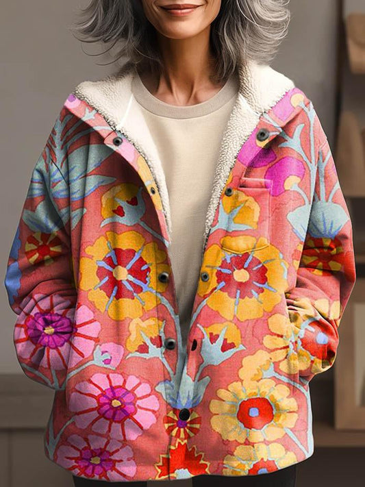 Retro Floral Print Waffle Plush Thick Long-Sleeved Hooded Coat